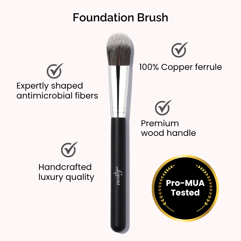 Luscious Cosmetics foundation brush displayed on a white background with key features highlighted.