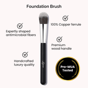 Luscious Cosmetics foundation brush displayed on a white background with key features highlighted.