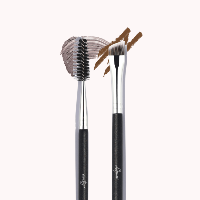 Luscious Cosmetics duo eyebrow brushes with brow cream, featuring one flat brush and one spoolie brush.