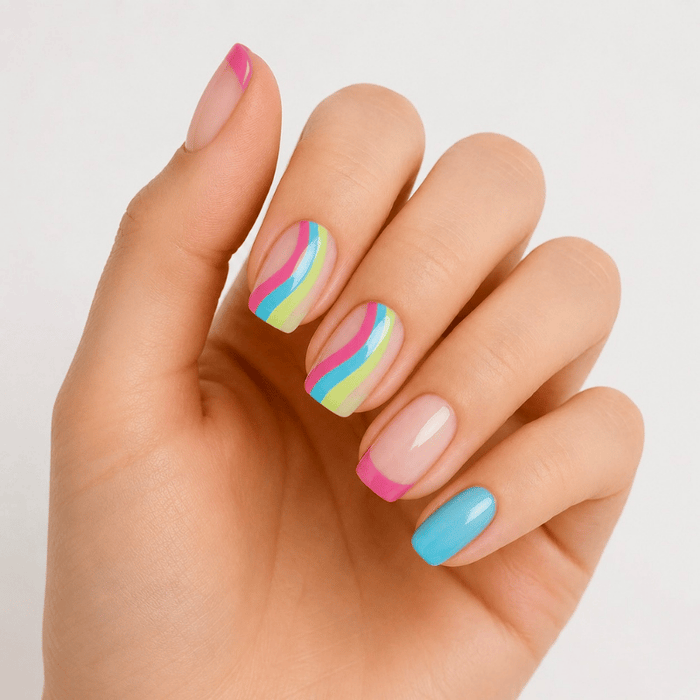 Hand wearing Luscious Cosmetics Kaleidoscopic Hour short press-on design.