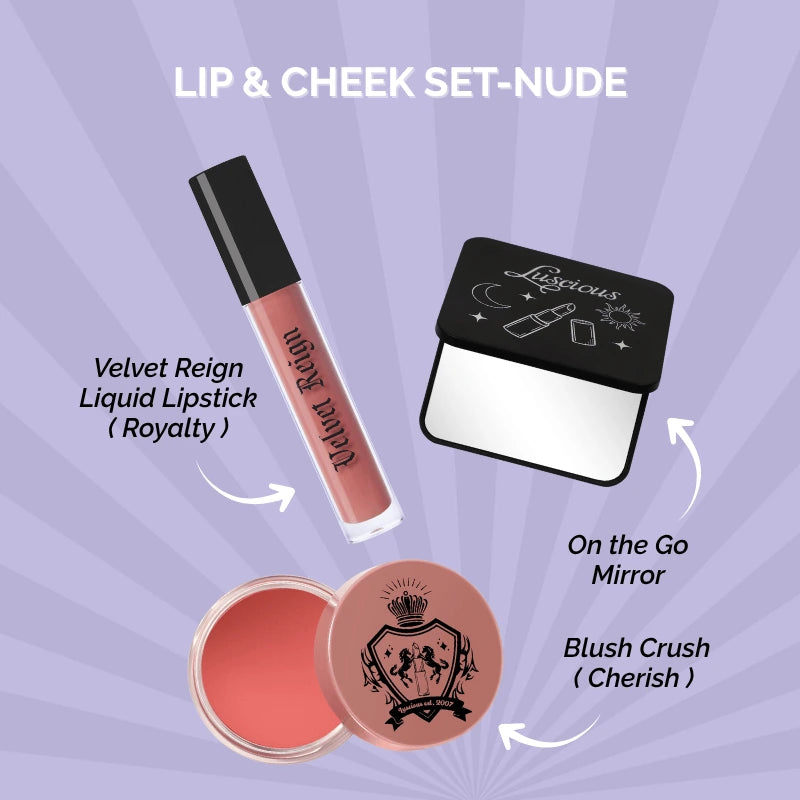 Luscious Cosmetics Lips and Cheeks Bundle Nude featuring lipstick, blush, and mirror on a purple background.