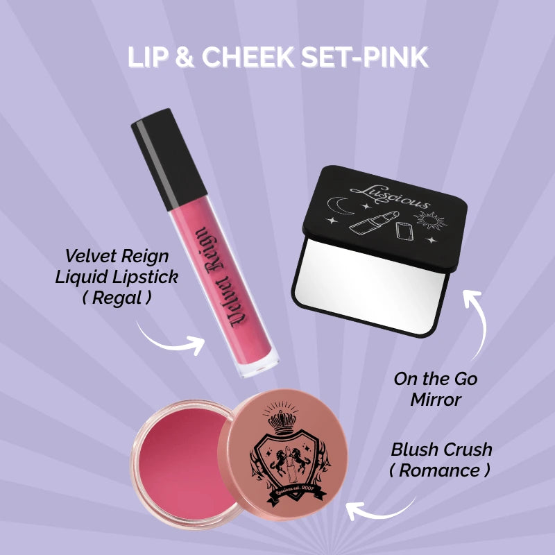 Luscious Cosmetics Lips and Cheeks Bundle Nude featuring lipstick, blush, and mirror on a purple background.