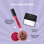 Luscious Cosmetics Lips and Cheeks Bundle Nude featuring lipstick, blush, and mirror on a purple background.