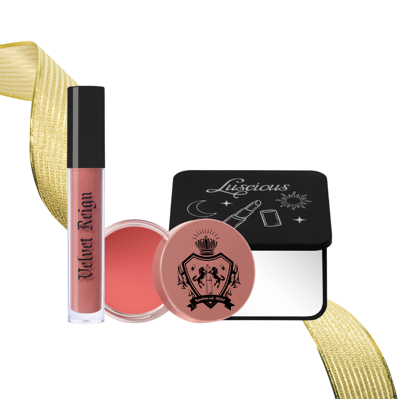 Luscious Cosmetics Lips and Cheeks Set Nude featuring lip gloss, lip balm, and makeup case on a white background.