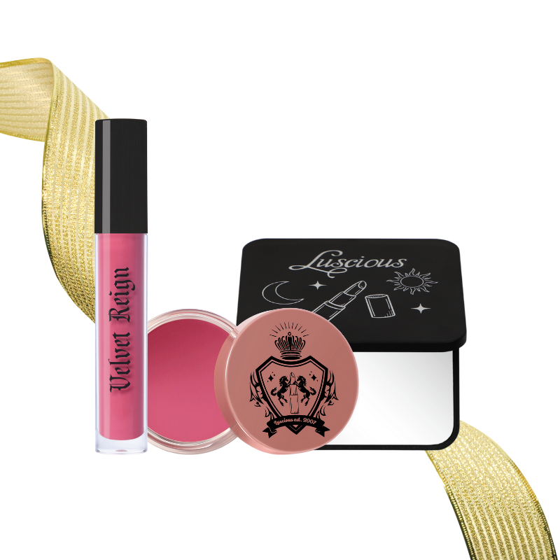 Luscious Cosmetics Lips and Cheeks Set Pink featuring Velvet Reign lip product set on a white background.