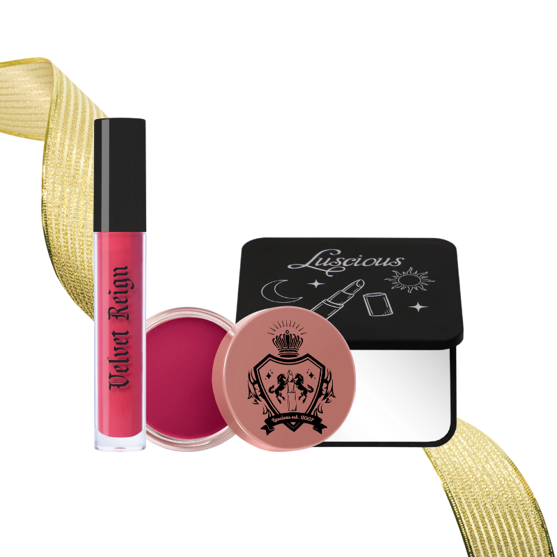 Luscious Cosmetics Lips and Cheeks Set Nude featuring lip gloss, lip balm, and makeup case on a white background.