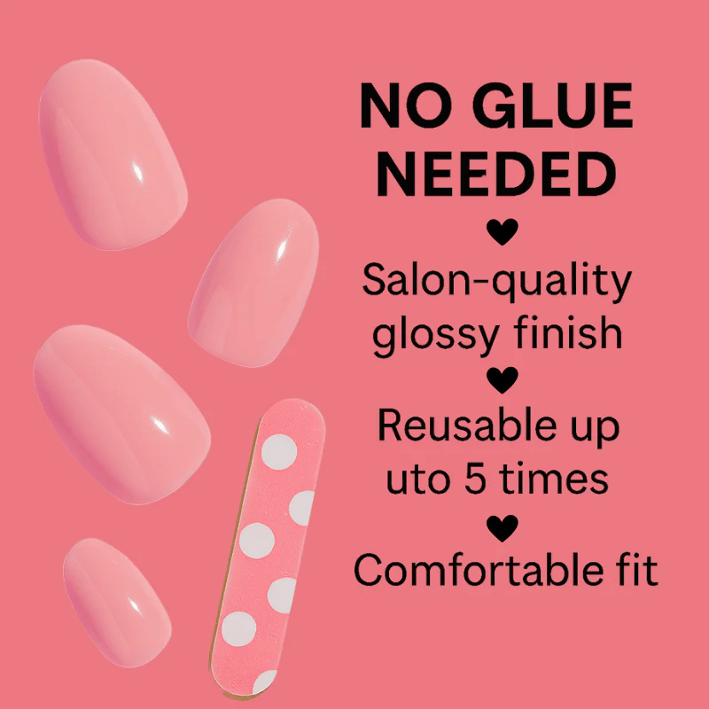 Luscious Cosmetics press-on benefits card highlighting easy application and salon-quality finish.