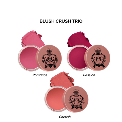 Luscious Cosmetics Blush Crush Trio in Romance, Passion, and Cherish shades on a white background.