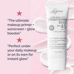 Luscious Cosmetics Ultra Protective Brightening Base SPF 45 on a pink background with text highlighting its benefits.