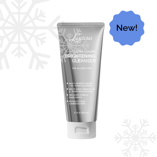 Tube of Luscious Ultra Luxury Brightening Cleanser with snowflake designs on a white background