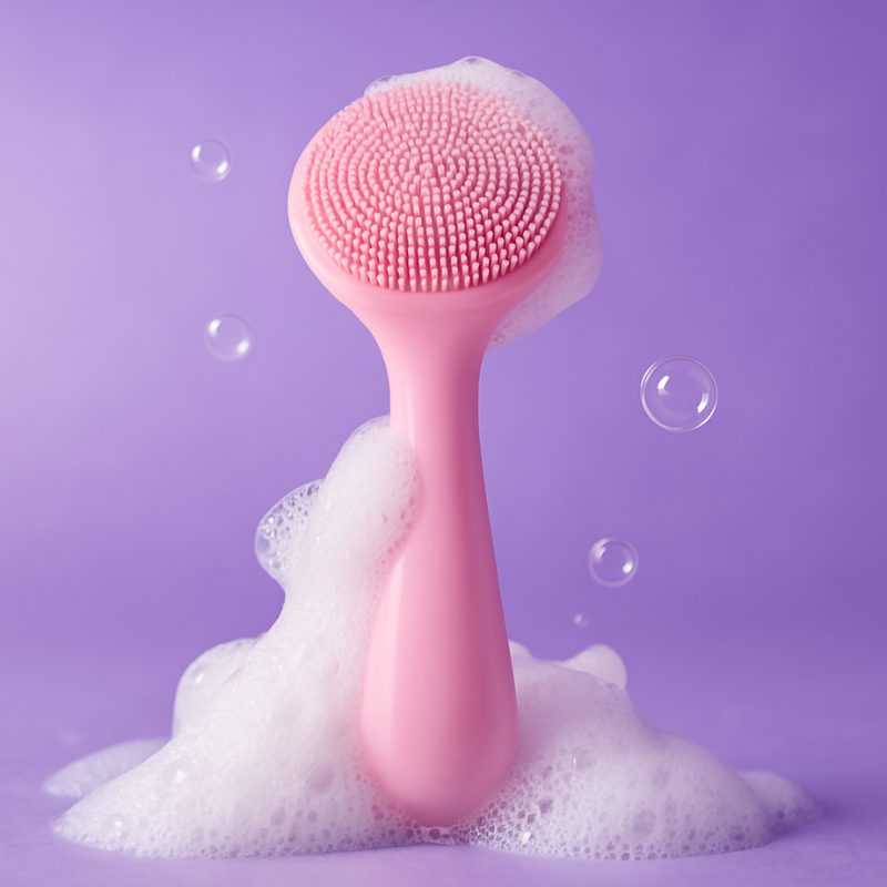 Luscious Cosmetics pink silicone facial cleansing brush with foaming bubbles on a purple background.