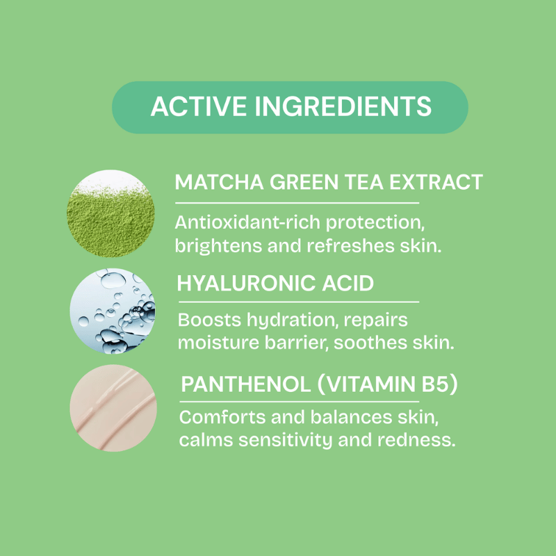 Matcha Melt key ingredients including matcha green tea and hyaluronic acid