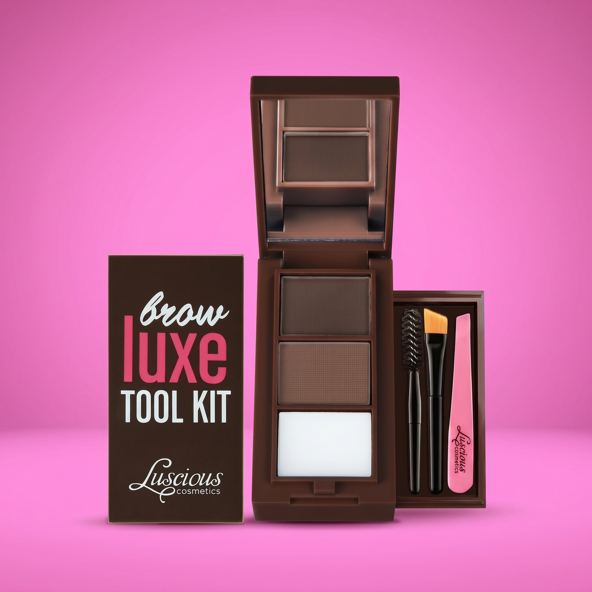 Luscious Cosmetics Brow Luxe Tool Kit compact with brow powders, wax, brushes, tweezers, and stencils.