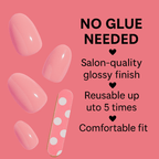 Luscious Cosmetics press-on nails benefits card highlighting no-glue application and salon-quality finish.