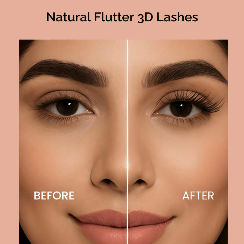 Before and after comparison of Luscious Cosmetics Natural Flutter false lashes applied on a model’s eyes.