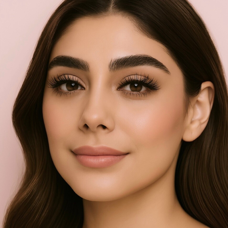 Model wearing Luscious Cosmetics Natural Flutter false eyelashes for a soft, natural everyday look.