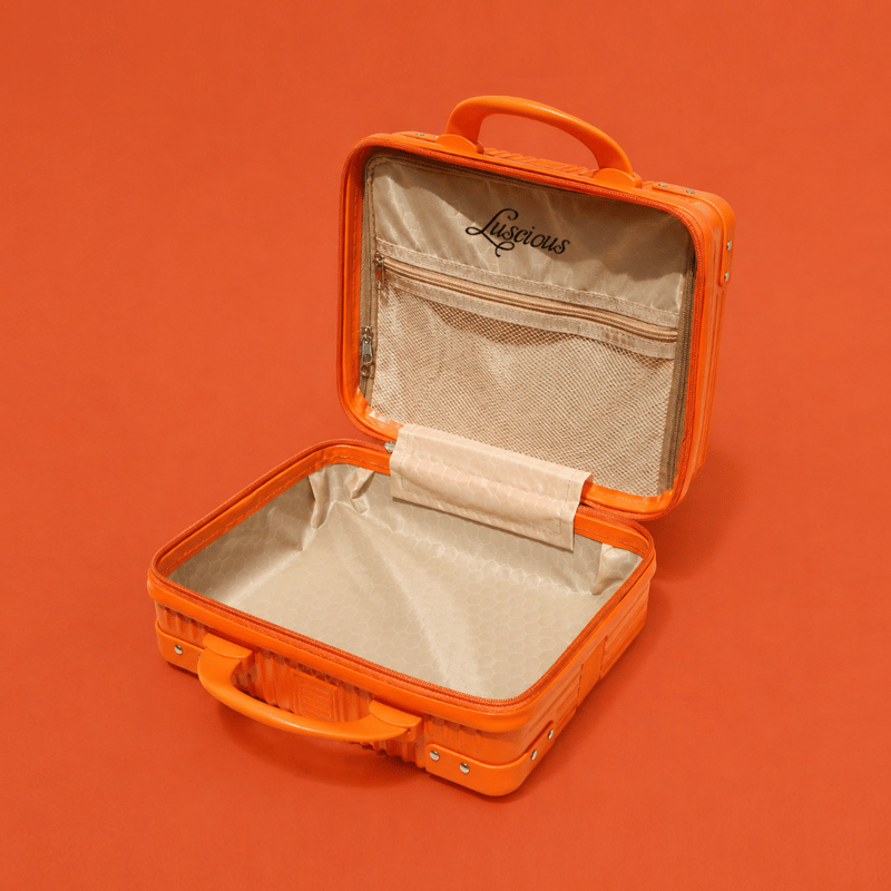 Luscious Cosmetics On the Go Vanity Case in Orange for travel and beauty storage.