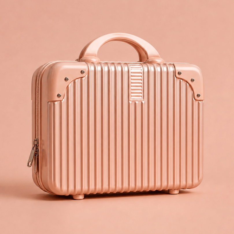 Luscious Cosmetics On the Go Vanity Case in Rose Gold, a large hard-top makeup organizer.