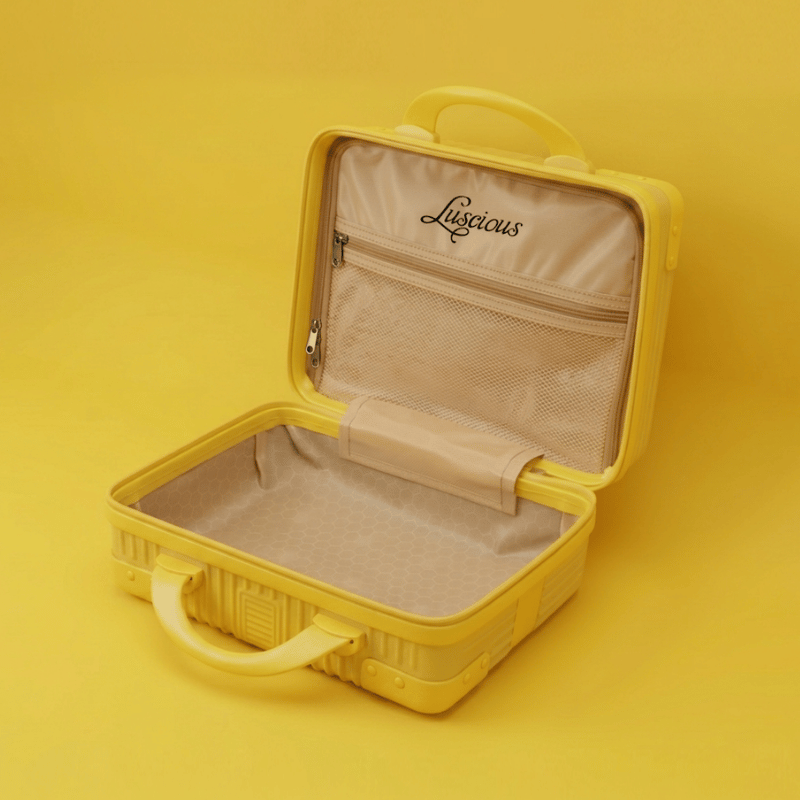 Luscious Cosmetics On the Go Vanity Case in Yellow for travel and beauty storage.