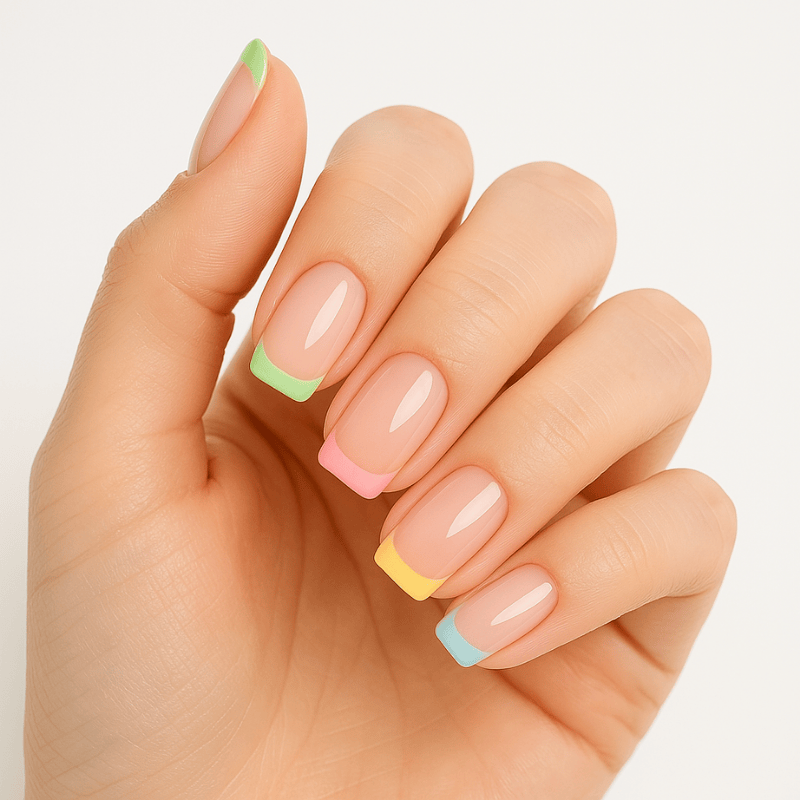 Hand wearing Luscious Cosmetics press-on nails with a pastel rainbow multicolor design on the tips.