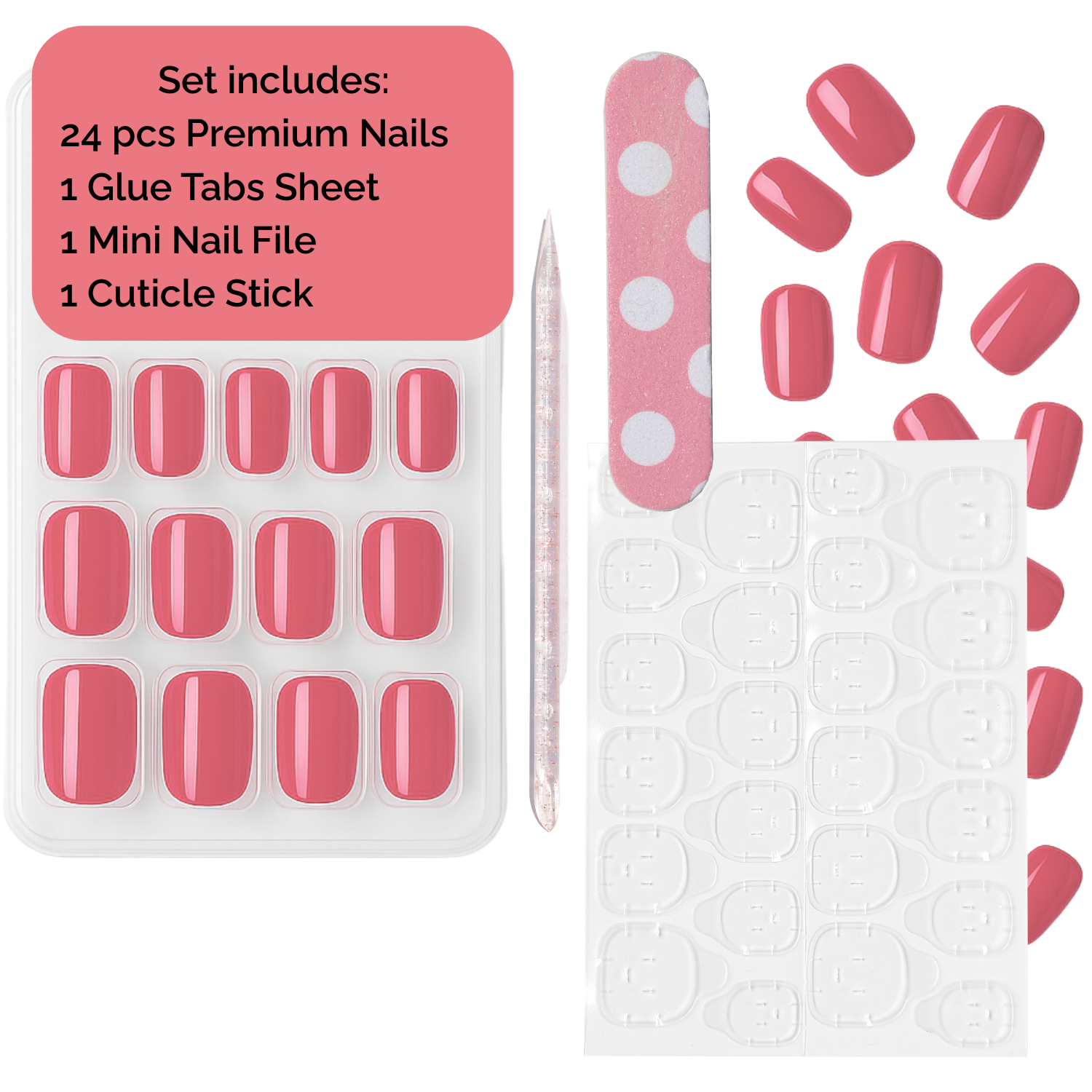 Luscious Cosmetics nail art set with pink press-on nails, glue tabs, nail file, and cuticle stick on a white background.