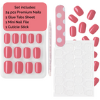 Luscious Cosmetics nail art set with pink nails, glue tabs, nail file, and cuticle stick on a white background.