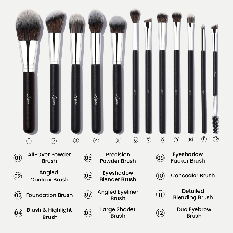 Luscious Cosmetics set of 12 makeup brushes with labeled brush types on a white background.