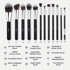 Luscious Cosmetics set of 12 makeup brushes with labeled brush types on a white background.