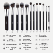 Luscious Cosmetics set of 12 makeup brushes with labeled brush types on a white background.