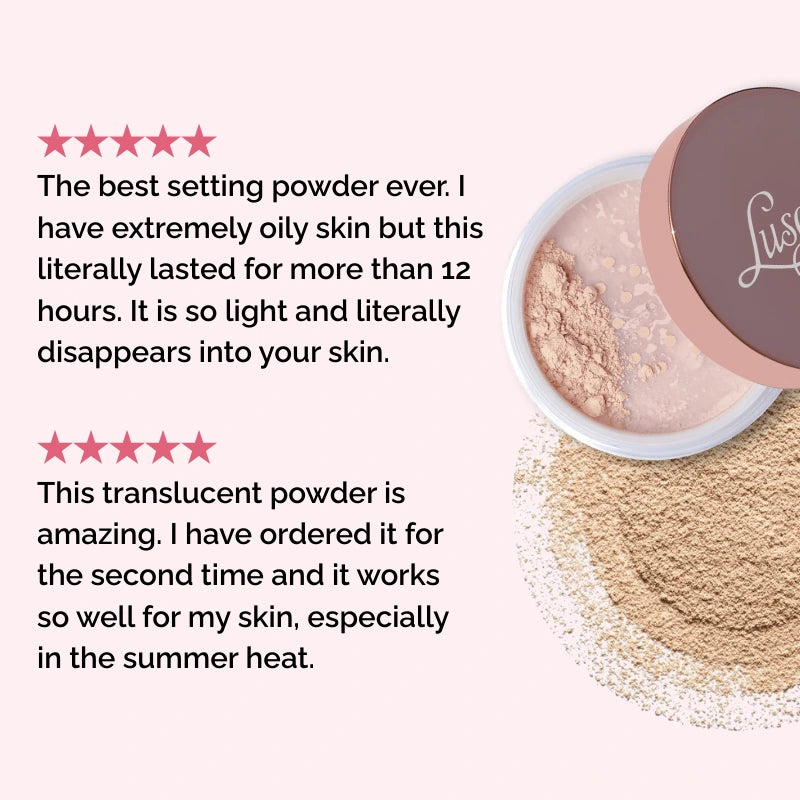 Luscious Cosmetics setting powder displayed on a white background with customer review highlights and brand name visible.
