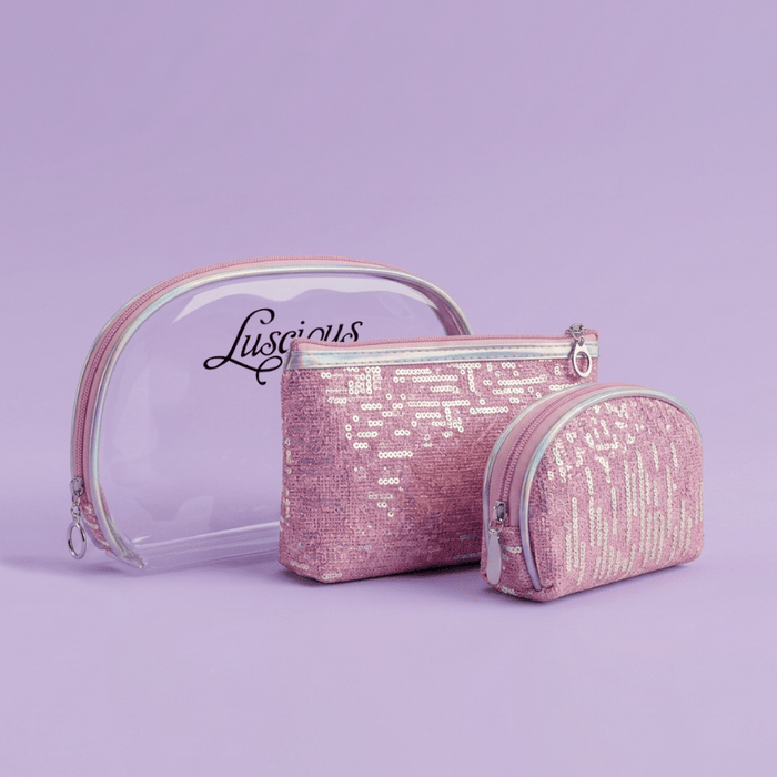 Sparkle 3-Piece Makeup Bag Set in Pink — shown with clear pouch and two small sequin bags, Luscious Cosmetics