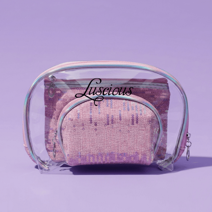 Sparkle 3-Piece Makeup Bag Set in Pink — clear outer pouch with two sequin bags, Luscious Cosmetics