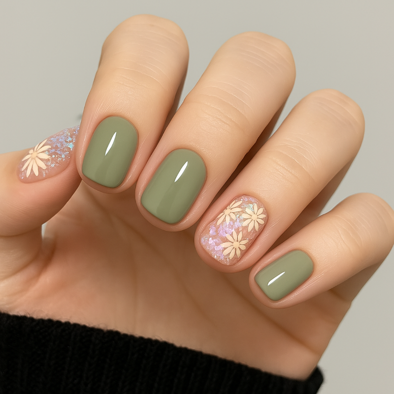Hand wearing Luscious Cosmetics press-on nails featuring green polish and floral nail designs.