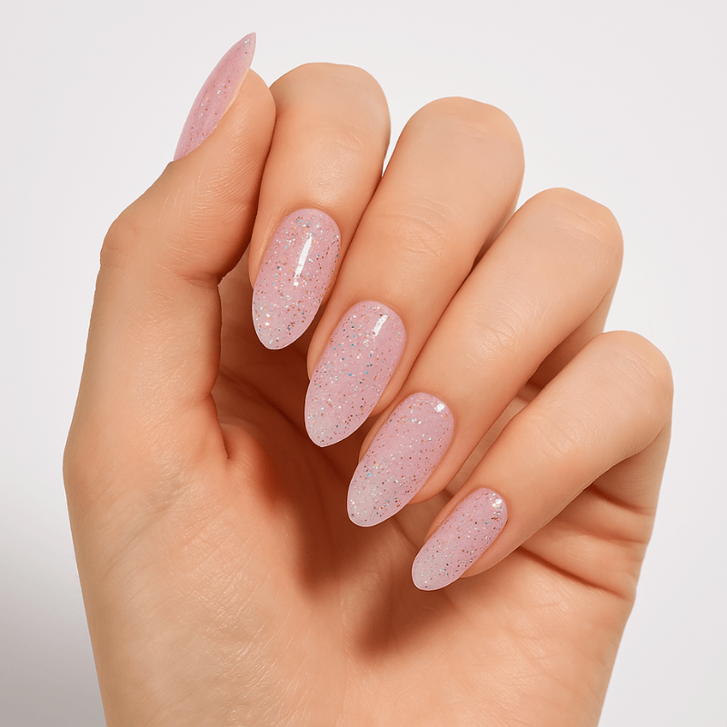 A hand wearing glossy pink glittery press-on nails by Luscious Cosmetics.