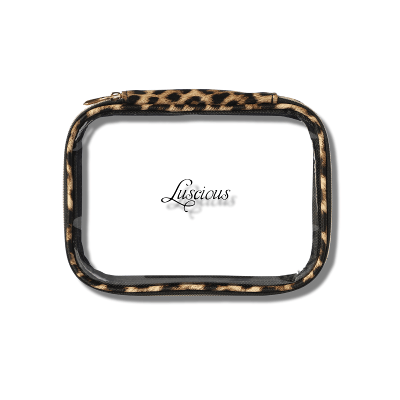 Clear cosmetic pouch with leopard print trim and Luscious Cosmetics branding on a white background.