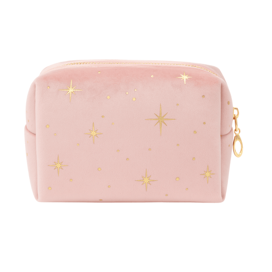 Pink makeup pouch with gold star patterns on a white background