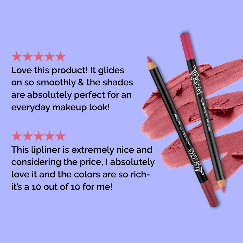 Luscious Cosmetics red lip liner pencil displayed beside a swatch showing its rich color and smooth texture.