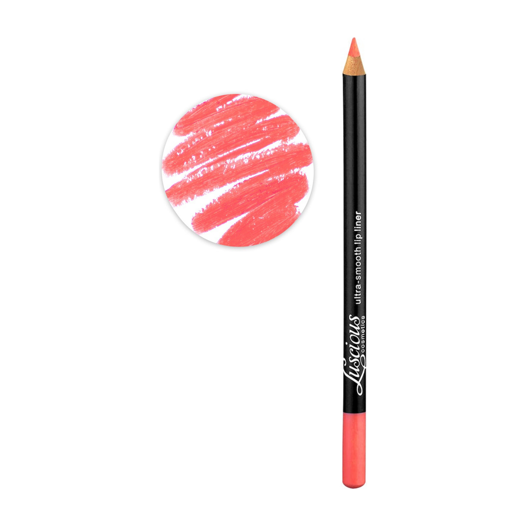 Luscious Cosmetics red lip liner pencil displayed beside a swatch showing its rich color and smooth texture.