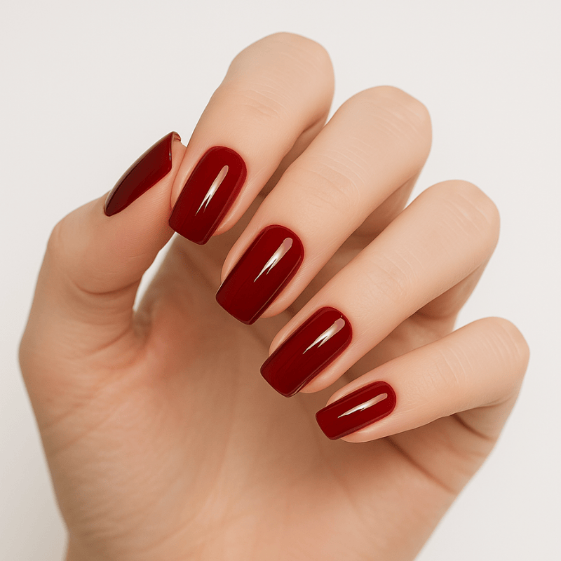A close-up of a hand wearing dark red press-on nails by Luscious Cosmetics, resembling a salon-quality manicure.