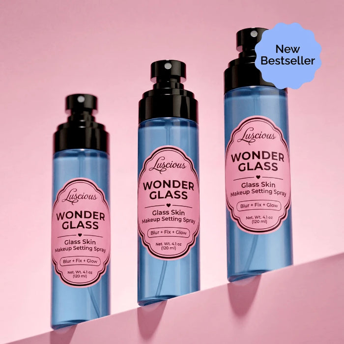Luscious Cosmetics Wonder Glass Makeup Setting Spray for dewy makeup hold.