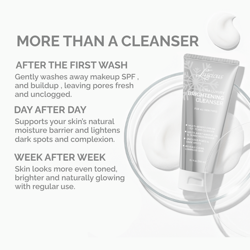 Luscious Cosmetics Brightening Skincare cleanser product with text describing its benefits on a white background