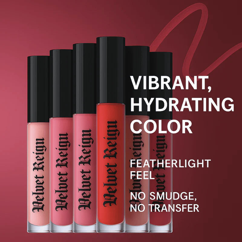 Velvet Reign Liquid Lipstick benefits card — soft-matte, 8+ hour wear, Luscious Cosmetics