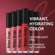 Velvet Reign Liquid Lipstick benefits card — soft-matte, 8+ hour wear, Luscious Cosmetics