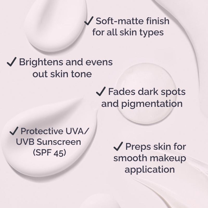 Luscious Cosmetics Ultra Protective Brightening Base SPF 45 tube displayed on a white background with snowflake decorations.