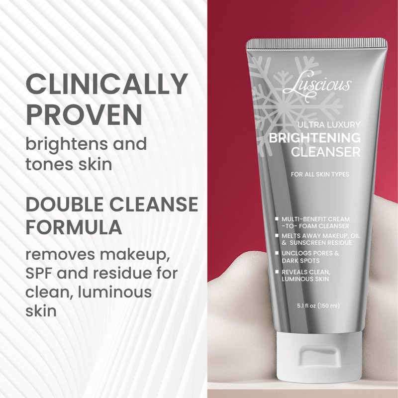 Luscious Cosmetics Brightening Power Deal featuring two skincare products with a gold ribbon on a white background.