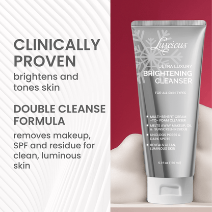 Luscious Cosmetics Brightening Power Deal featuring two skincare products with a gold ribbon on a white background.