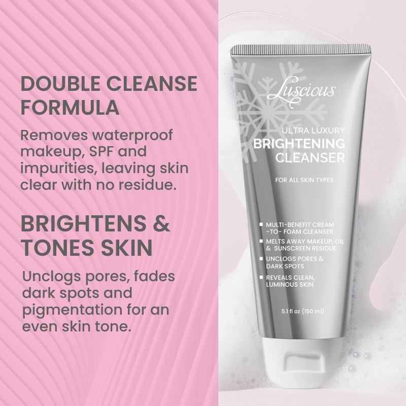Luscious Ultra Luxury Brightening Cleanser tube with product description on a pink background