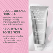 Luscious Ultra Luxury Brightening Cleanser tube with product description on a pink background