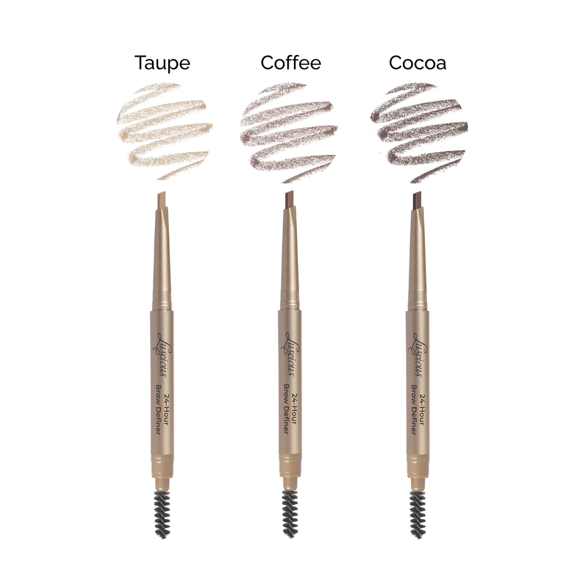 24-Hour Brow Definer Pencil shade range including Cocoa, Luscious Cosmetics