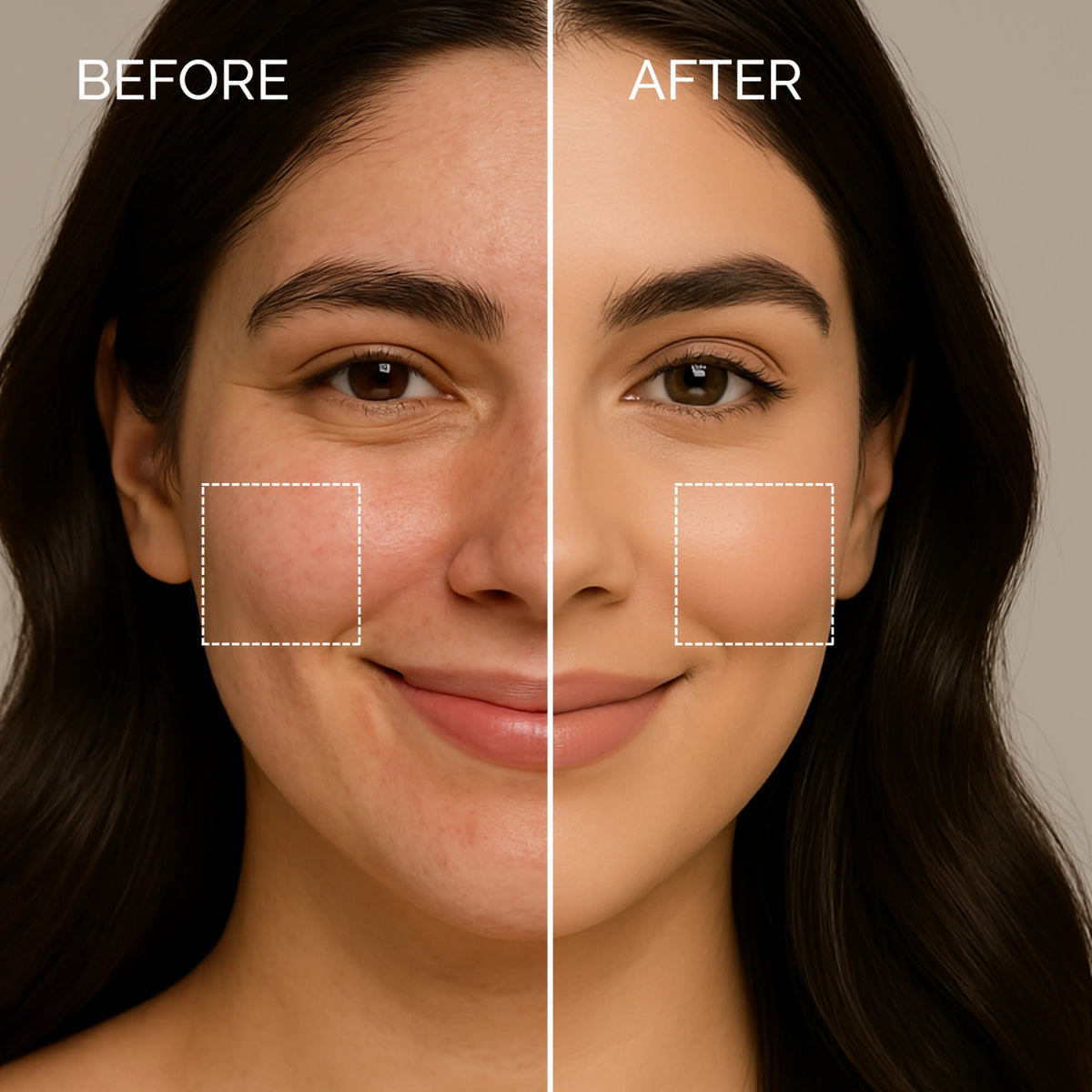 Softlight Powder Foundation before and after coverage comparison, Luscious Cosmetics